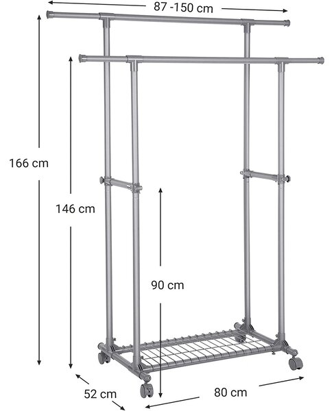 Stalak za odjeću, Dvostruka šipka za odjeću može se produžiti od 87 do 150 cm