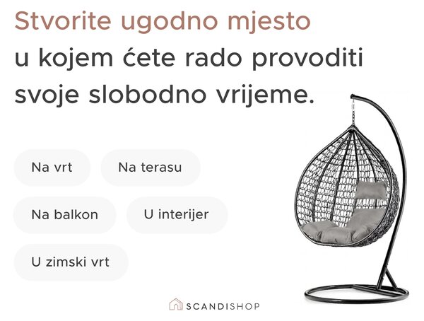 Siva viseća fotelja KOKON sa stalkom, sivi jastuk