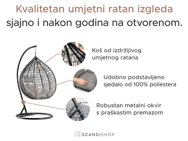 Siva viseća fotelja KOKON sa stalkom, sivi jastuk
