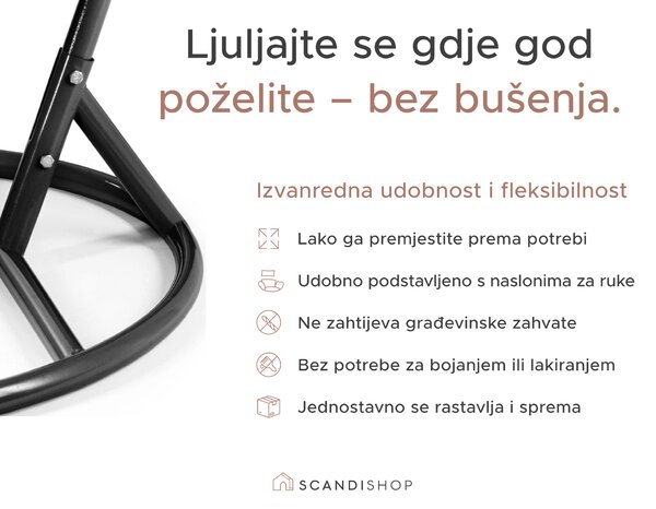 Siva viseća fotelja KOKON sa stalkom, sivi jastuk