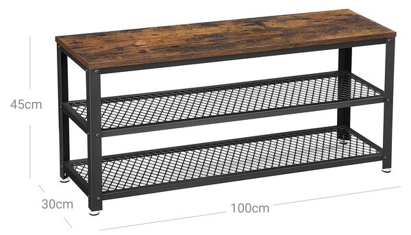 Klupa za cipele s 2 crne mrežaste police 100 x 30 x 45 cm, smeđe-crna | VASAGLE