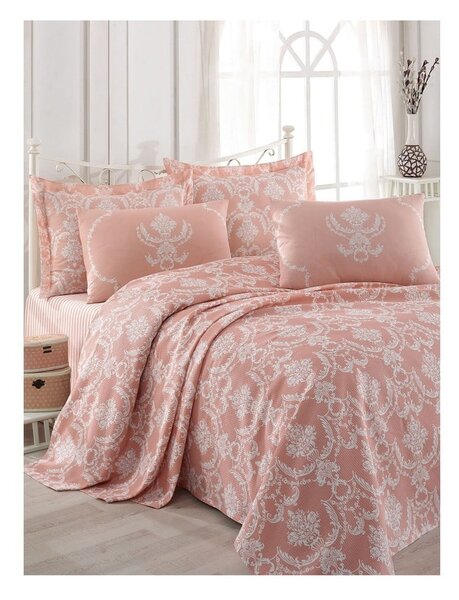 Losos ružičasti pamučni prekrivač za bračni krevet s plahtom i jastučnicama Anna, 200 x 235 cm