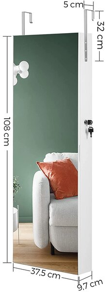 Zidni ormarić za nakit i šminku, može se zaključati, 37,5x108x9,7 cm, bijeli | SONGMICS