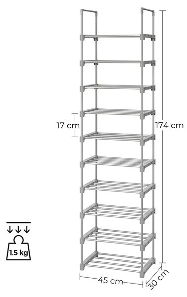 Stalak za cipele s 10 polica, 45 x 30 x 174 cm, siva boja | SONGMICS