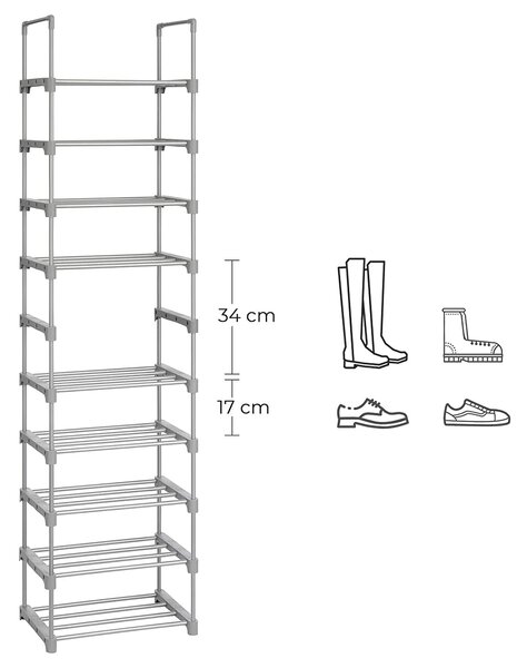 Stalak za cipele s 10 polica, 45 x 30 x 174 cm, siva boja | SONGMICS