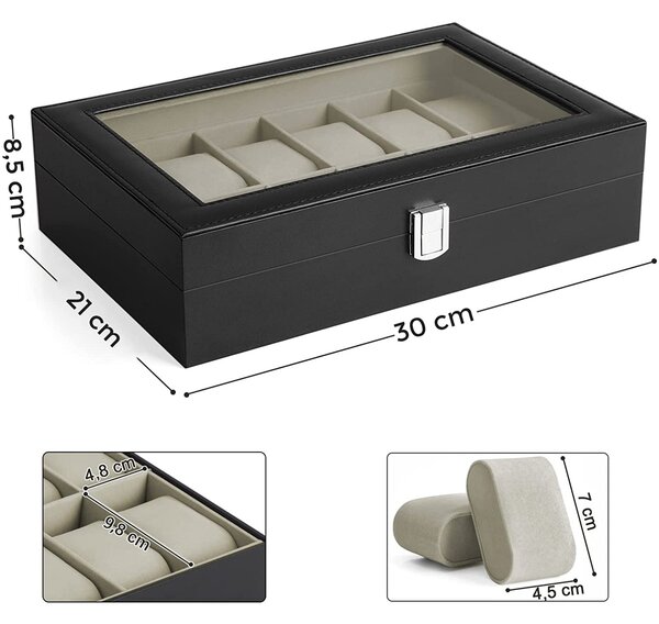 Kutija za sat sa staklenim poklopcem, 30 x 8,5 x 21 cm, crna umjetna koža, bež podstava