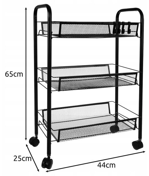 Kuhinjski metalni stalak na kotačima 65 cm 3 police crne