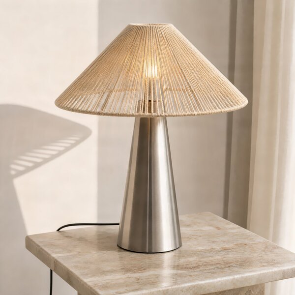 Lucande Stolna lampa Stephane, nikl, visina 50 cm, konopljeni kabel, Bež, Dnevni boravak/blagovaonica, Tkanina / tekstil