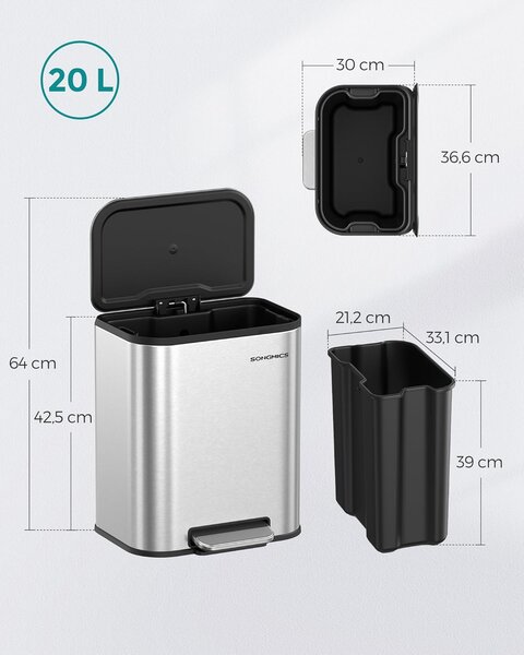 Kanta za smeće s pedalom, kapaciteta 20L, 36,6 × 30 × 42,5 cm, srebrna | SONGMICS