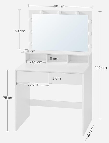 Kozmetički stol s ogledalom, 9 LED žarulja, 2 ladice i 3 otvorena pretinca, bijeli | VASAGLE