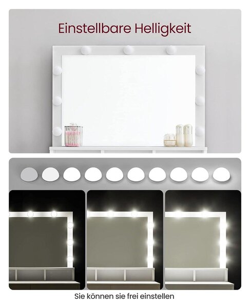 Kozmetički stol s ogledalom, 9 LED žarulja, 2 ladice i 3 otvorena pretinca, bijeli | VASAGLE