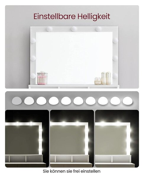 Kozmetički stol s ogledalom, 9 LED žarulja, 2 ladice i 3 otvorena pretinca, bijeli | VASAGLE