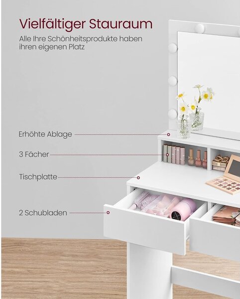 Kozmetički stol s ogledalom, 9 LED žarulja, 2 ladice i 3 otvorena pretinca, bijeli | VASAGLE