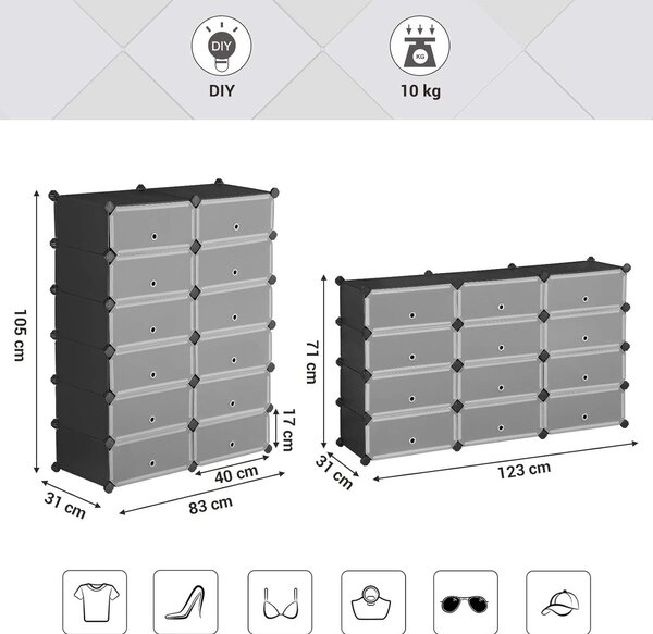 Stalak za cipele, pravokutni sustav za pohranu s 12 modularnih utora, crni | SONGMICS