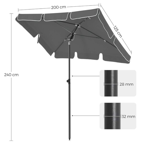 Pravokutni suncobran 2 x 1,25 m sa zaštitom UPF 50, sivi | SONGMICS