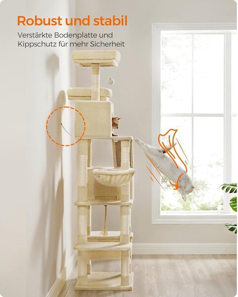 Veliki mačji toranj s kućicama, ležaljkama, grebalicama, visine 206 cm, bež | FEANDREA