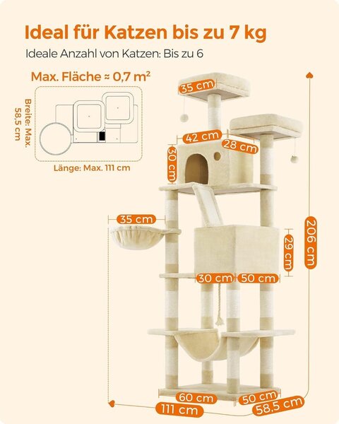 Veliki mačji toranj s kućicama, ležaljkama, grebalicama, visine 206 cm, bež | FEANDREA