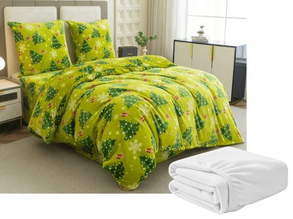Set posteljine od mikropliša CHRISTMAS TREE zelena + plahta od mikroplyša SOFT 90x200 cm bijela, jednokrevetna