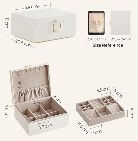 Dvoslojna kutija za nakit s uklonjivom ladicom, 20,5x24x11 cm, boja slonovače | SONGMICS