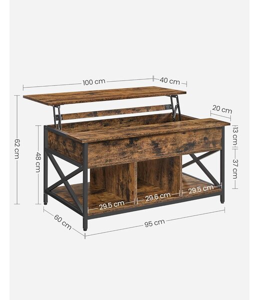 Stol za kavu s otvorenim i skrivenim spremištem 60 x 100 x (48-62) cm, smeđi | VASAGLE