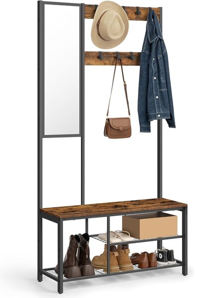Stalak za odjeću s kukama i zrcalom, 36 x 98 x 185 cm, vintage smeđe-crni | VASAGLE