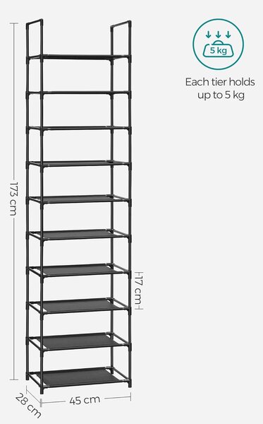 Stalak za cipele s 10 razina, 45 x 28 x 173 cm, crne boje | SONGMICS