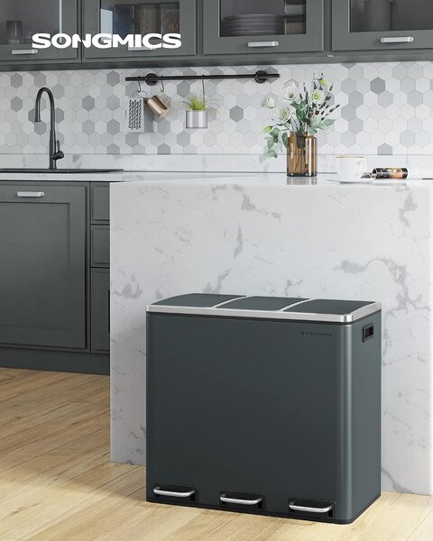 Kuhinjska kanta s 3 pretinca, 3 x 18 l, 61,5 x 31,5 x 56 cm, zeleno siva | SONGMICS