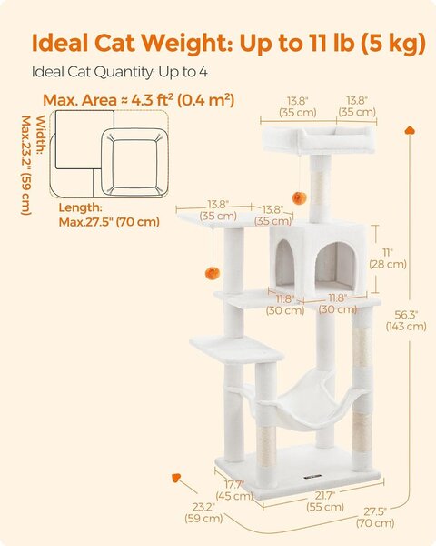 Grebalica - višerazinska kućica za mačke, 55 x 45 x 143 cm, krem bijela | FEANDREA
