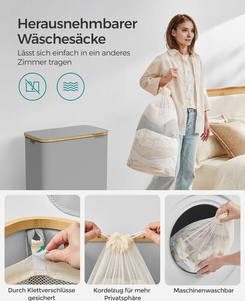 Sklopiva košara za rublje s 2 odjeljka, 130 l,52 x 38,5 x 70,5 cm, siva | SONGMICS