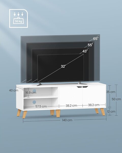 TV ormarić s 2 vrata i podesivom policom, 40 x 140 x 50 cm, bijeli | VASAGLE