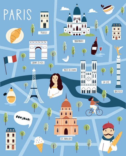 Ilustracija Colorful illustrated cartoon map of Paris,, undefined undefined