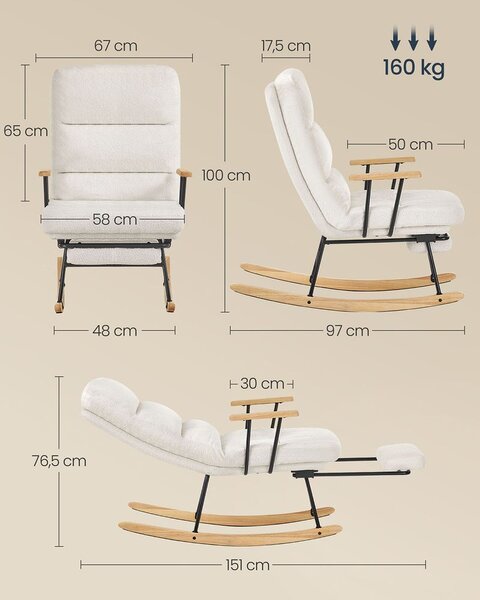Stolica za ljuljanje nosivost do 160 kg, 97 × 67 × 100 cm, bijela | VASHOME