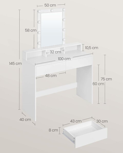 Toaletni stol s LED osvjetljenjem, 40 x 100 x 145 cm, bijeli | VASAGLE