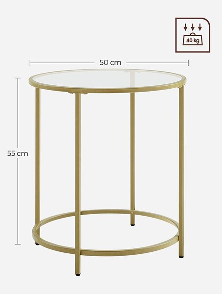 Mali metalni stolić zlatne boje od kaljenog stakla 50 x 50 x 54,8 cm | VASAGLE