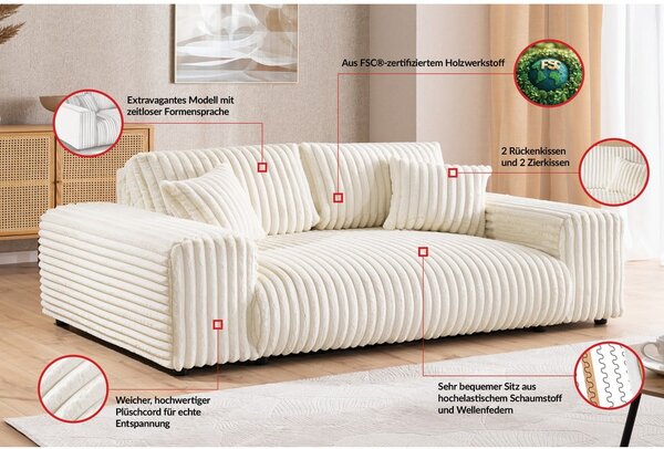 Krem sofa od samta 213 cm Justin – Ropez