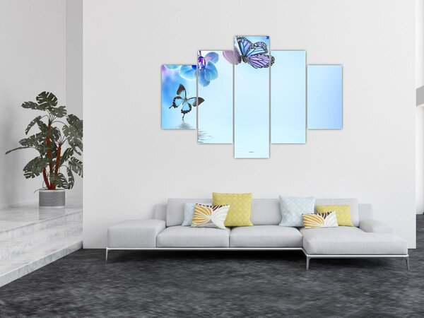 Slika - Leptir na cvjetovima orhideje, plavi (150x105 cm)