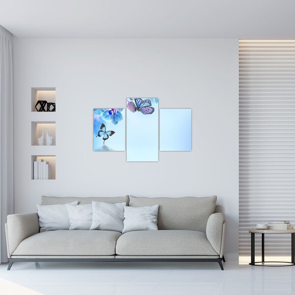 Slika - Leptir na cvjetovima orhideje, plavi (90x60 cm)