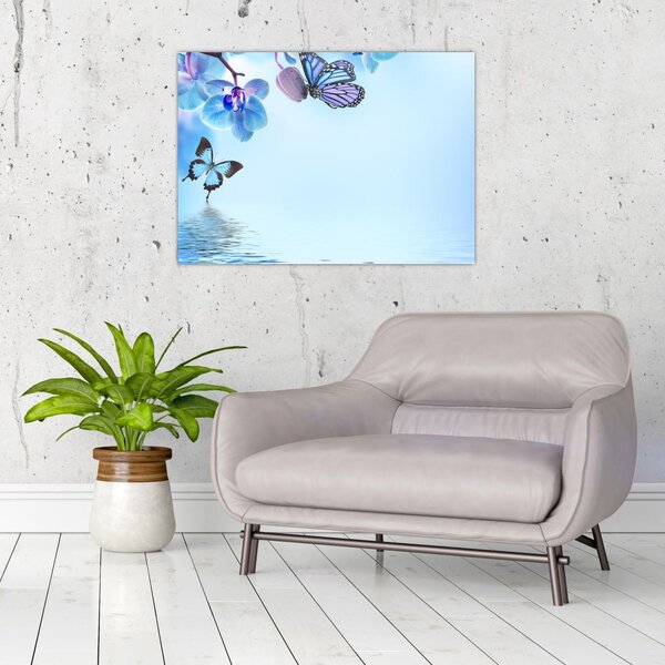 Slika - Leptir na cvjetovima orhideje, plavi (70x50 cm)