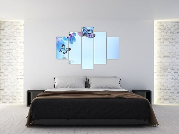 Slika - Leptir na cvjetovima orhideje, plavi (150x105 cm)