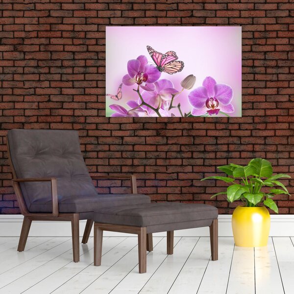 Slika - Leptir na cvjetovima orhideje, lila (90x60 cm)