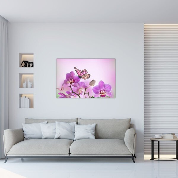 Slika - Leptir na cvjetovima orhideje, lila (90x60 cm)