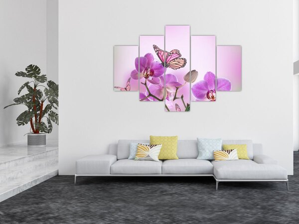 Slika - Leptir na cvjetovima orhideje, lila (150x105 cm)
