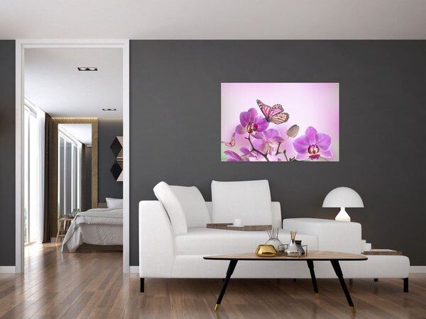 Slika - Leptir na cvjetovima orhideje, lila (90x60 cm)