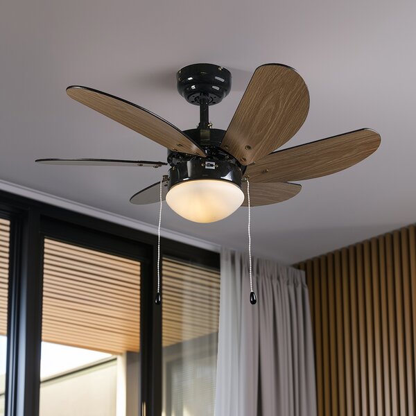 Stropni ventilator crni s printom drveta 80 cm s poteznim prekidačem - Fresh