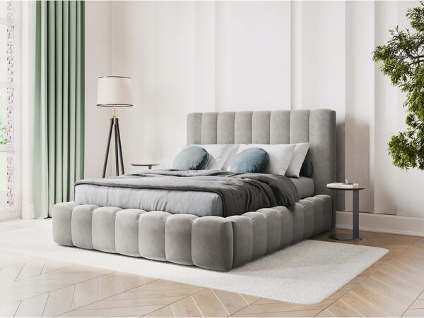 Svijetlo sivi tapecirani bračni krevet s prostorom za pohranu s letvičastom podnicom 200x200 cm Kelp - Micadoni Home
