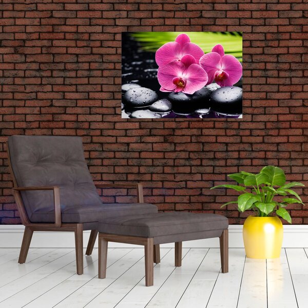 Staklena slika - Ružičaste orhideje s palminim lišćem (70x50 cm)