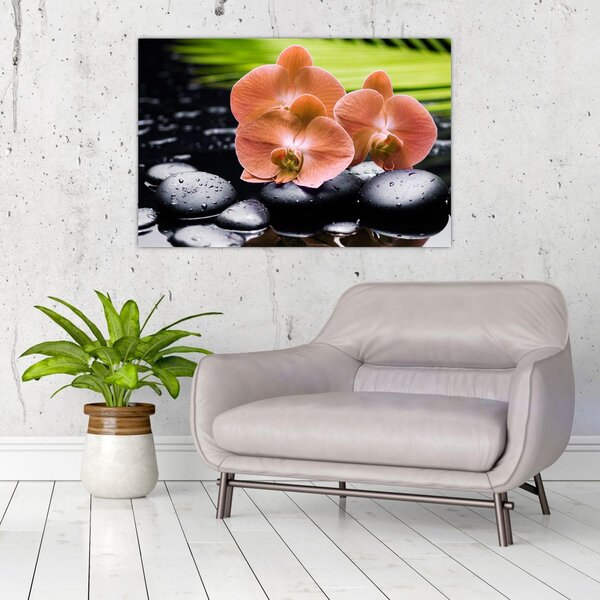 Slika - Narančasta orhideja s palminim lišćem (90x60 cm)