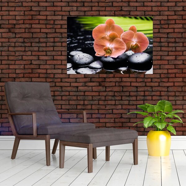 Slika - Narančasta orhideja s palminim lišćem (90x60 cm)