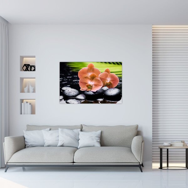 Slika - Narančasta orhideja s palminim lišćem (90x60 cm)