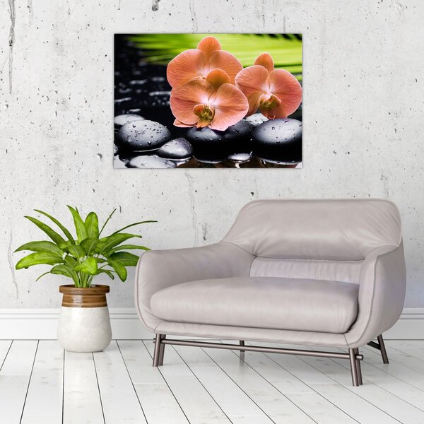 Slika - Narančasta orhideja s palminim lišćem (70x50 cm)